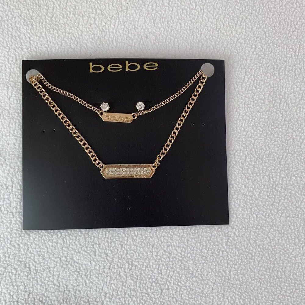 bebe Fashion Jewelry Set Graduated Necklace Earrings Good Tone Cubic Zirconia